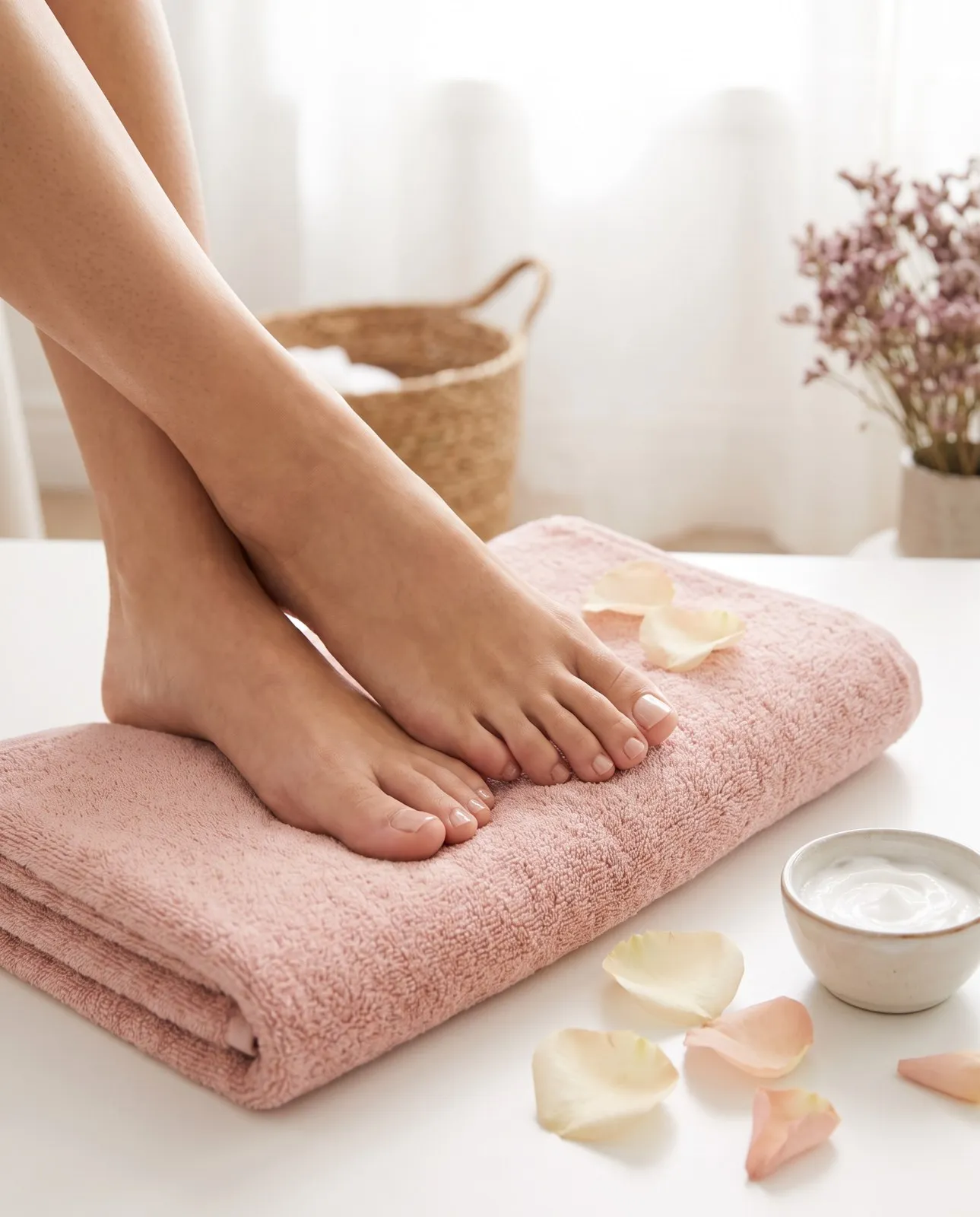 Gepflegte Füße auf einem rosa Handtuch